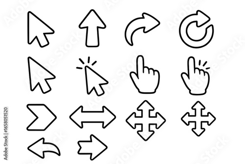 Cursor icon set with hand and arrow pointers. Collection of click, move, and navigation symbols for UI and UX design. Web interface elements like refresh and select. Line art vector.