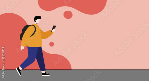 A modern flat illustration of a young person walking with a backpack while engaged with their smartphone, symbolizing connectivity and daily tech use.