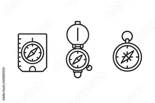 Outdoor compass icons set. Outline vector illustrations of hiking navigation tools. Baseplate compass, lensatic compass, magnetic dial compass. Transparent background. Adventure trekking equipment.