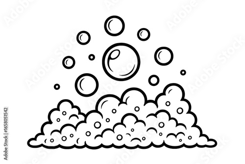 Soap foam bubbles vector illustration. Black and white line art of suds rising. Concept for cleaning, washing, bath, laundry. Abstract fizzy soda or champagne drink background.