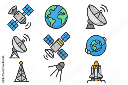 Space exploration icon set. Satellite, antenna, rocket launch, earth globe. Global communication technology concept. Wireless network, data broadcast, telecommunication vector.