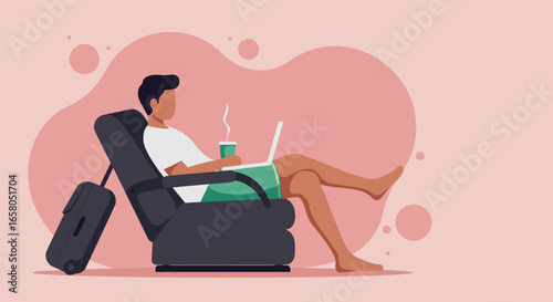 Traveler working remotely from a comfortable lounge chair with a laptop and coffee, symbolizing modern work-life balance, relaxation, and productivity on the go.