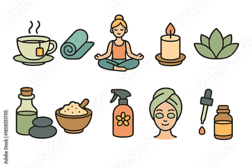 Wellness icons set for relaxation and self care. Spa treatment, yoga meditation, aromatherapy concept. Vector line art. Tea, candle, lotus, essential oil, face mask.