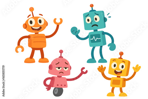 Set of cute cartoon robots with different emotions. Vector character collection. Happy, sad, and friendly android mascots for kids. Playful technology AI illustration.
