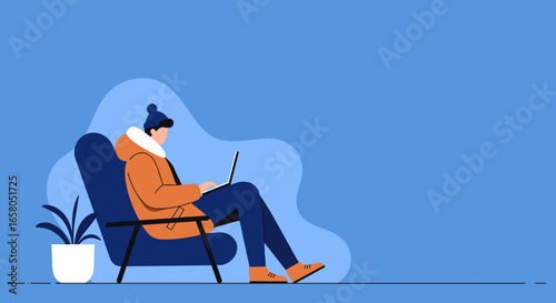 Person sitting comfortably in an armchair, working remotely on a laptop, symbolizing modern productivity and a flexible digital lifestyle.