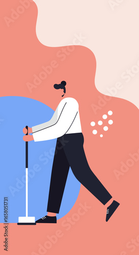 Modern flat illustration of a person cleaning with a mop, depicting household chores, home maintenance, domestic life, and professional cleaning services.