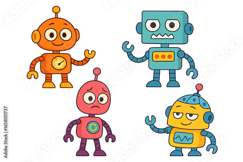 Set of cute cartoon robots. Collection of colorful robot characters with different emotions. Happy, sad, angry, smug androids. Future technology, AI mascot vector illustration set.