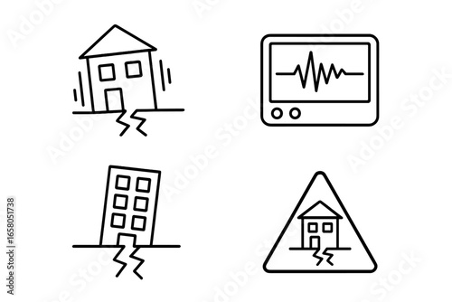 Earthquake and natural disaster icon set. Outline symbols of catastrophe, emergency, and seismic activity. Vector icons of house destruction, building collapse, seismograph, and warning.