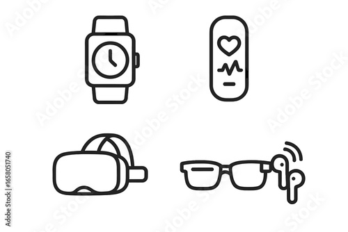 Wearable tech icons. Outline icon set of modern gadgets: smartwatch, fitness tracker with heart rate monitor, VR headset, and smart glasses with wireless earbuds. Vector.