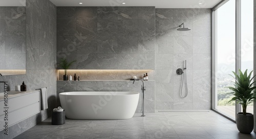 Wallpaper Mural Modern, spacious bathroom with gray marble tile, a freestanding tub, shower, large window, and minimalist decor. Sunlight streams in, illuminating the space Torontodigital.ca