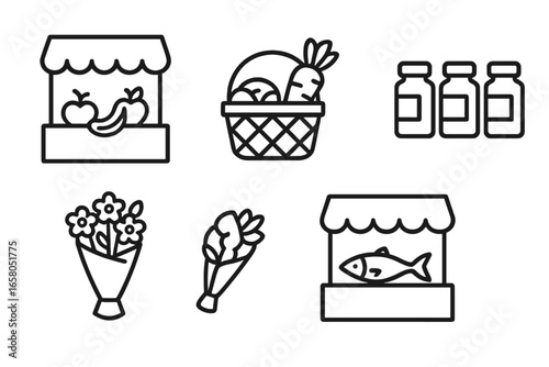 Outdoor farmers market icons set. Outline vector illustrations of fruit stand, vegetable basket, spice jars, flower bouquet, fish stall. Fresh produce, organic food, grocery store concept.