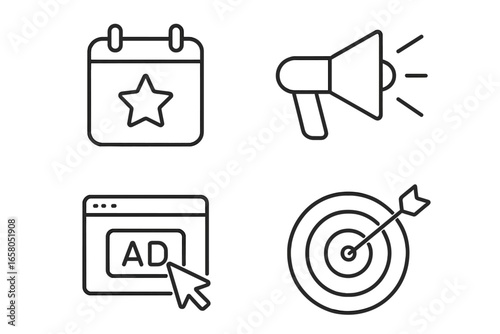 Marketing and promotion outline icons. Advertising campaign concept. Event calendar, megaphone announcement, digital ad, and target goal symbols. Business strategy vector set.