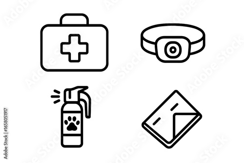 Outdoor Safety Essentials Vector Icon Set. Outline Style Emergency Gear including First Aid Kit, Headlamp, Bear Spray, Survival Blanket. Hiking, Camping, Wilderness, Rescue, Adventure Equipment.