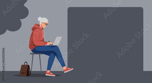 Focused senior woman with glasses works on laptop using a stylus. Ideal for concepts of remote work, online learning, or digital creativity. Copy space for text.
