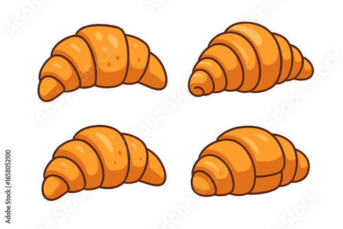Set of four cartoon croissant vector illustrations. Collection of fresh baked french pastry for breakfast or snack. Delicious sweet food from a bakery. Isolated graphic design elements.