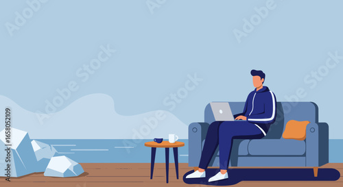 A man works on his laptop on a sofa by the water, embodying remote work, digital nomad lifestyle, and coastal relaxation.