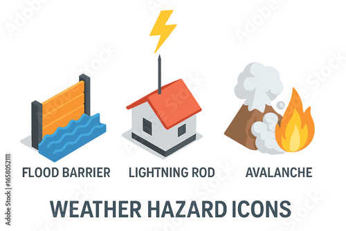 Weather hazard icons isometric flat icon set. Natural disaster concept. Flood barrier, lightning rod protection, volcano eruption, avalanche, wildfire. Climate change vector.
