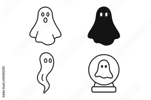 Ghost icon set for Halloween. Spooky supernatural spirit symbols. Cute phantom silhouette and linear ghost in crystal ball. Paranormal poltergeist vector illustration collection.