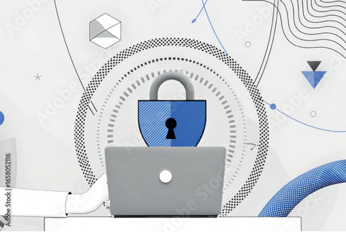 Digital safety symbolized by a padlock over a laptop, defending against cyber risks, all depicted in crisp lines and a modern, clean graphic design.