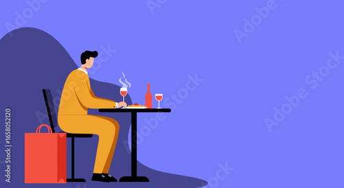 Illustration of a man enjoying a quiet, solitary dinner with pasta and wine, with a shopping bag nearby, suggesting relaxation or an evening out.