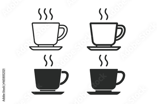 Modern minimalist coffee cup icons, outlined and filled styles, set of hot beverage symbols with steam, simple structured design elements for café, restaurant, drink menu, isolated vector graphic