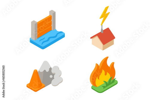Weather hazard and natural disaster isometric icon set. Vector symbols for flood barrier, lightning rod protection, mountain avalanche safety, and forest wildfire prevention.