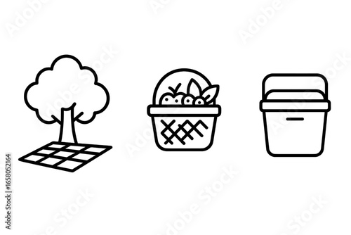 Outline picnic icons set. Vector illustration of shaded picnic spot with blanket under tree, picnic basket filled with berries, insulated cooler box. Outdoor leisure, food, summertime concept.