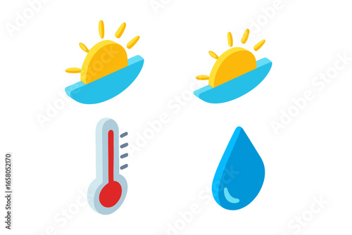 Weather forecast isometric icon set. Meteorology indicators for app and web design. Sunrise, sunset, temperature thermometer, and humidity rain droplet symbols. 3D vector.