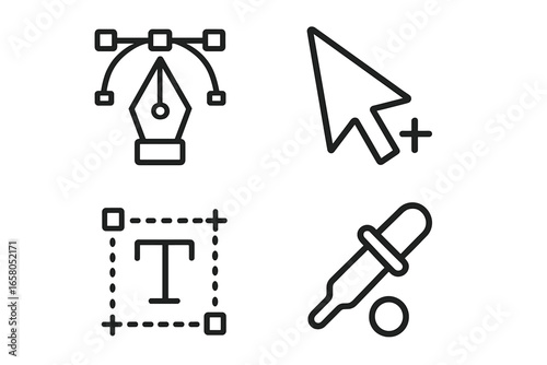 Graphic design tools icon set. Vector editing symbols collection with pen tool, text box, cursor arrow, and color picker. Outline interface elements for software and web design.