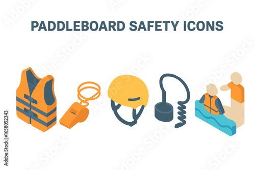 Paddleboard Safety Equipment Isometric Vector Set. Life Jacket, Whistle, Helmet, Leash, Rescue, Water Sports Gear Essentials, Safe Paddleboarding, River Lake Safety, Protection Icons