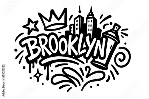 Brooklyn graffiti lettering. New York urban street art. Hip hop culture tag with city skyline, crown, and spray can. Hand drawn vector illustration. Black and white doodle.