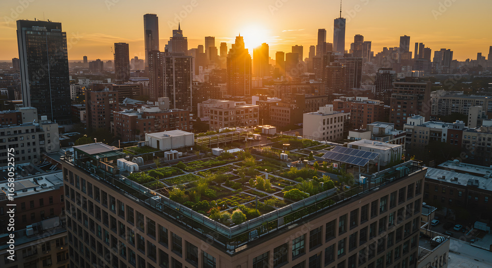 Fototapeta premium Lush Rooftop Garden with Solar Panels Crowns a Modern Urban Building, Overlooking a Dynamic City Skyline Bathed in Golden Sunset Light, Symbolizing Sustainable Living