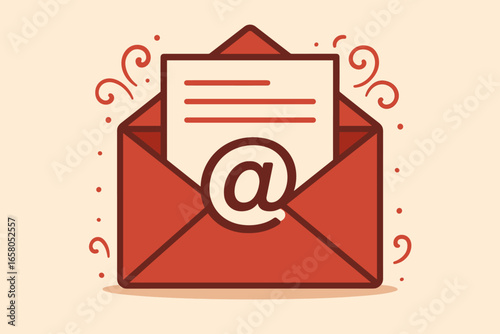Email vector illustration. Open envelope with letter. Mail notification icon with at symbol. Concept for web design, online communication, e-mail marketing, and newsletter.