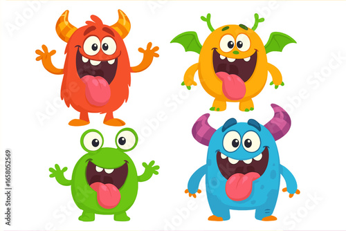Set of cute cartoon monsters. Funny monster characters collection with playful expressions. Happy little aliens or creatures showing tongues. Vector illustration isolated on white.