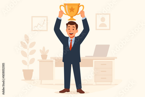 Employee of the month. Businessman holding a gold trophy. Winner success concept. Best worker award. Man of the year. Office champion celebration. Career achievement and recognition.