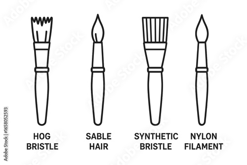 Outline vector set of painting brush icons, artist tool types with hog bristle, sable hair, synthetic and nylon filament, line art for art supplies, education, design, transparent background