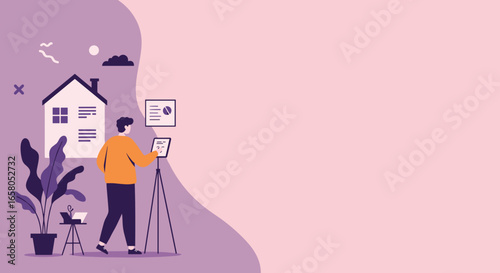 Professional working from home with a tablet, managing property data or virtual tours. Ideal for real estate, online business, and remote work concepts.