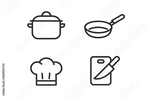 Kitchen essentials line icons set. Cooking and culinary symbols for gastronomy. Vector outline of pot, pan, chef hat, knife and cutting board for restaurant or cafe menu design.