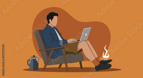 Person working remotely on laptop in a comfortable armchair with coffee. Ideal for themes of home office, freelancing, and modern lifestyle.
