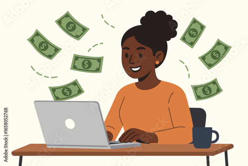 Happy ethnic black woman making money online on a laptop computer. Concept of remote work, freelance, financial freedom, digital nomad, side hustle and online business. Vector.