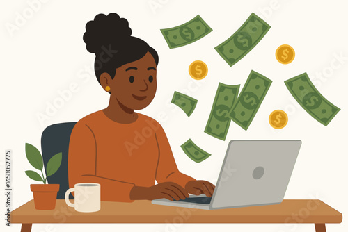 Black woman making money online. Freelancer works from home on laptop. Concepts of digital income, financial freedom, online business, passive income, success. Flat vector.