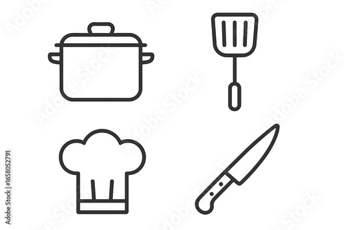 Kitchen essentials line icon set. Cooking and culinary symbols for gastronomy. Chef hat, pot, knife, spatula vector icons. Restaurant, food preparation, cook outline pictogram.