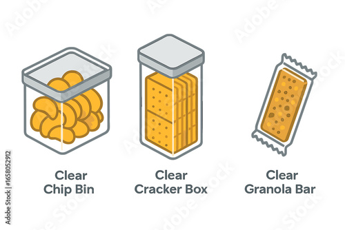 Isometric pantry snack container icons set. Clear bin for potato chips, airtight cracker box, transparent granola bar wrapper. Kitchen food storage, organization concept. Vector illustration on white.
