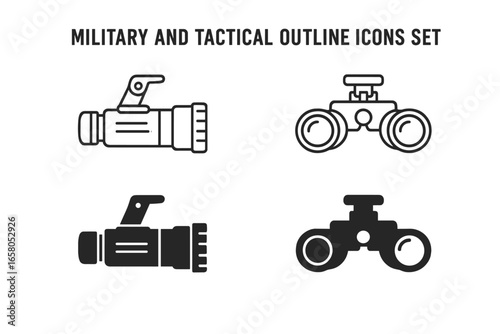 Military and tactical outline and silhouette icons. Night vision tools vector illustration. Army equipment concept. Flashlight and binoculars symbols. Weapon scope, monocular.
