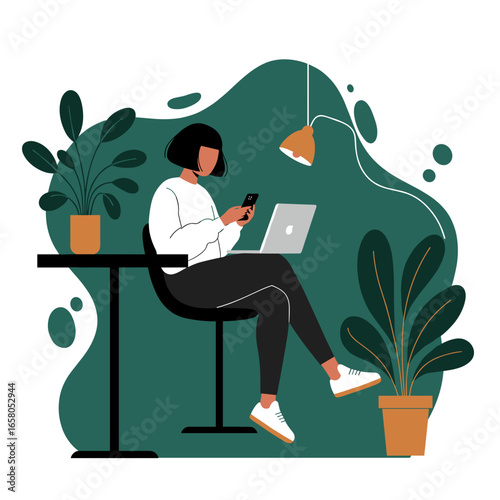 Professional woman multitasking with laptop and smartphone, illustrating modern remote work, digital business, or flexible lifestyle.