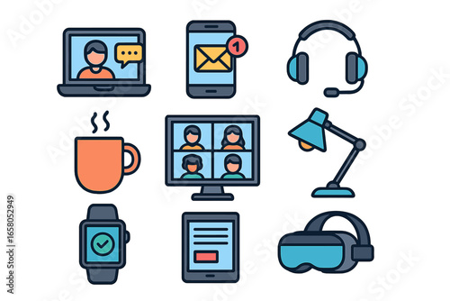 Remote work icon set for home office. Digital tools for freelancer lifestyle. Online meeting and communication technology. Gadgets for modern business and webinar vector concept.