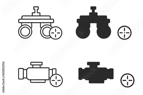 Military tactical icons set. Night vision goggles, binoculars, scope with target crosshair. Linear and silhouette styles. Army surveillance, hunting, and optometry equipment.