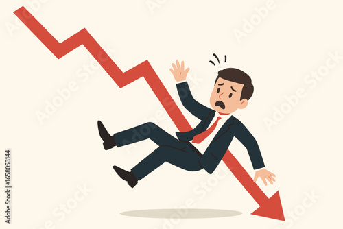 Financial trouble and crisis metaphor. Businessman falling down with red negative arrow chart. Concept for economic recession, stock market crash, investment loss and failure.