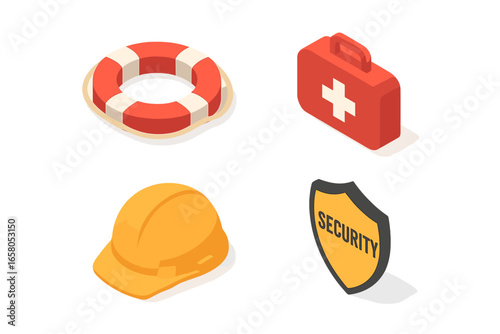 Isometric Park Safety Icons Collection. Life Preserver, First Aid Kit, Safety Helmet, Security Shield Vector Set. Emergency Equipment, Protection, Rescue Tools for Public Parks and Outdoor Safety