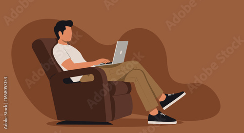 Person comfortably using laptop in a chair, ideal for remote work, online learning, or leisure at home. Modern digital lifestyle.